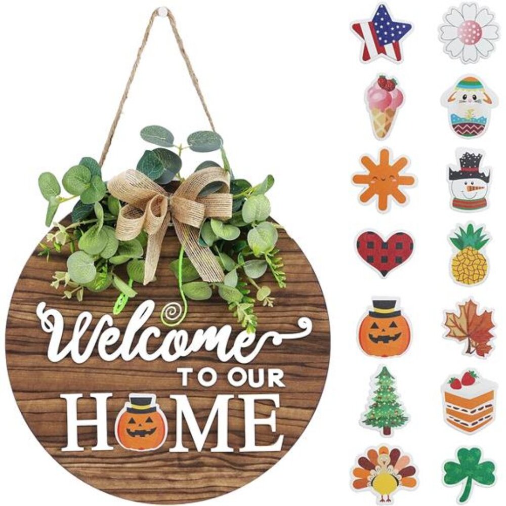 Seasonal Welcome Sign Front Door Decoration, Rustic Round Wood Wal Hanging